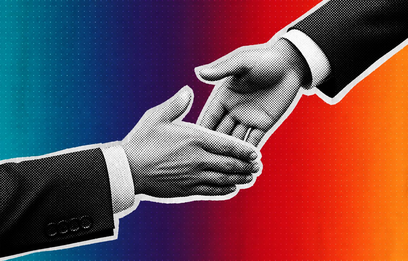 Editorial illustration of two hands meeting in a confident handshake — recruitment partnership
